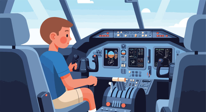 Young pilot operates aircraft controls in a cockpit