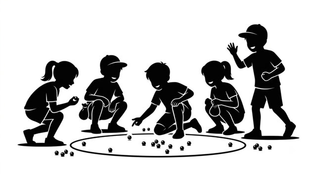 Group of Children Playing Traditional Marbles Game Silhouette Vector