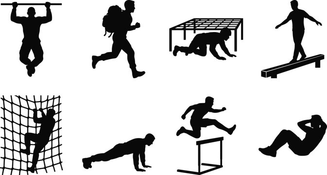 Solid black high contrast silhouettes of military boot camp obstacle course exercises