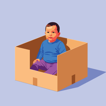 Curious toddler sitting in a large cardboard box on a plain floor