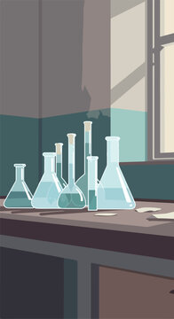 Laboratory glassware filled with liquid on a counter in a room