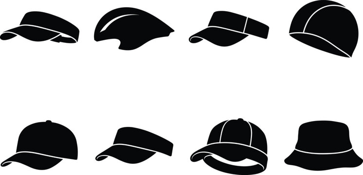 Set of various headwear silhouettes including sun visors, swimming caps, and bucket hats, vector illustration