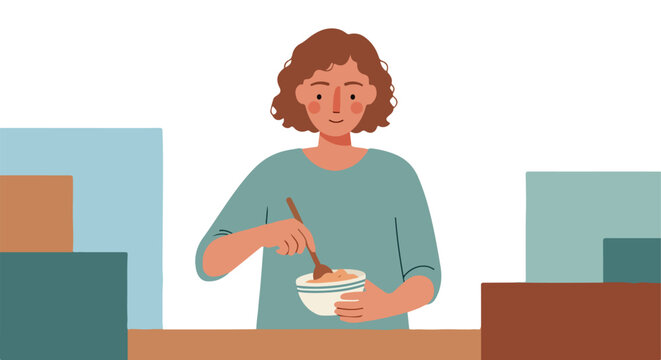 Person eating cereal from bowl with spoon in modern abstract room