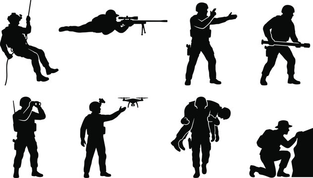 Solid black high contrast silhouettes of military soldiers in tactical combat action poses
