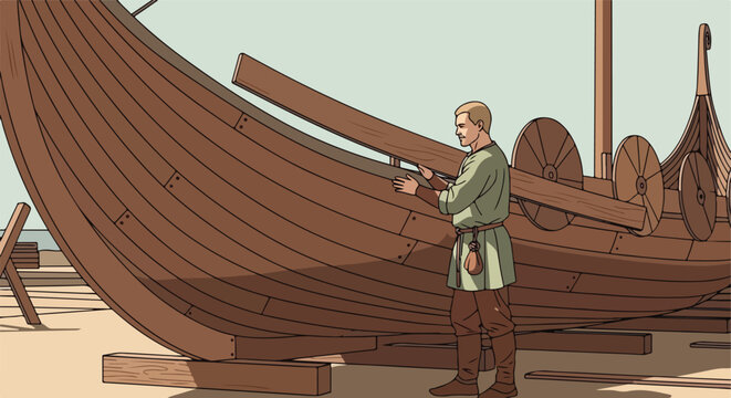Viking boat construction on a sandy shore