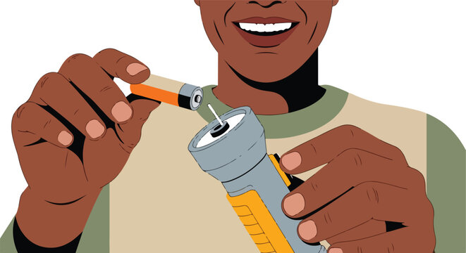 Person inserting battery into flashlight