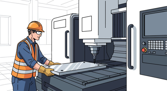 Operator places metal plate into advanced CNC machine in factory