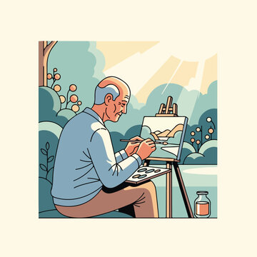 Elderly man painting a landscape outdoors in the sun