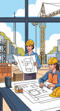 Two engineers review blueprints at a construction site