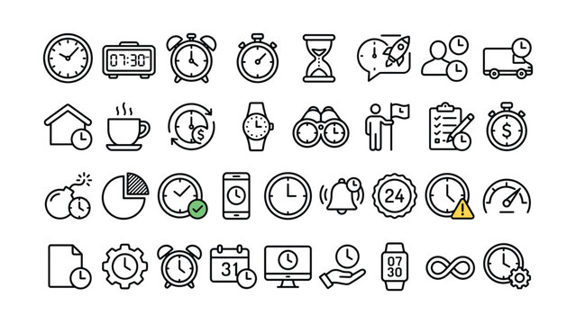 Collection of various time management and clock related icons isolated on transparent background