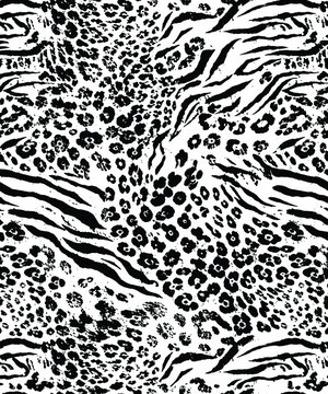 mixed leopard and tiger stripes seamless pattern, black and white animal skin texture textile 