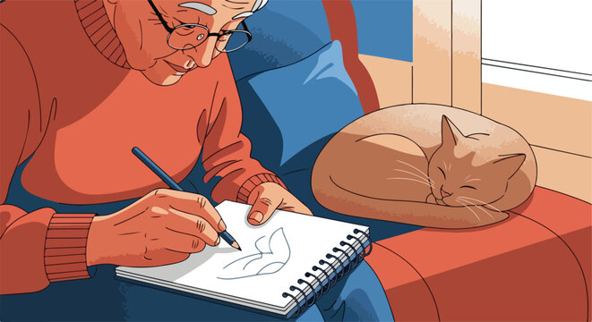 Senior drawing a sleeping cat on couch