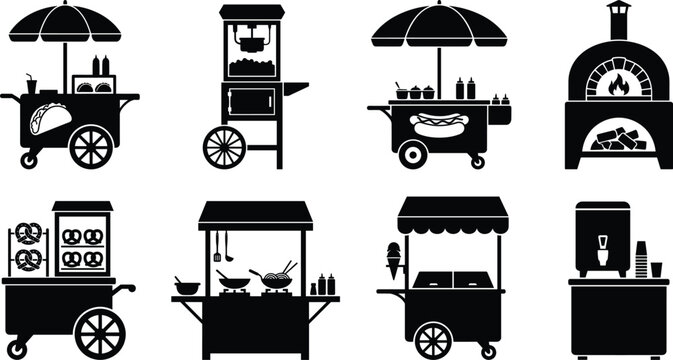 Solid black high contrast silhouettes of street food carts and concession stands