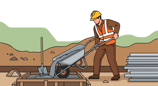 Construction worker pouring cement from wheelbarrow into formwork