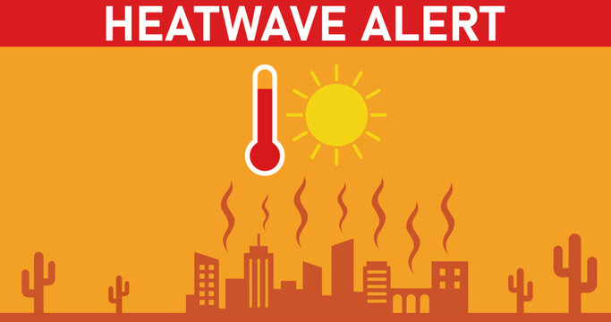 Cartel de alerta por ola de calor con un sol brillante y un term&oacute;metro sobre una silueta de ciudad afectada por las altas temperaturas y cactus