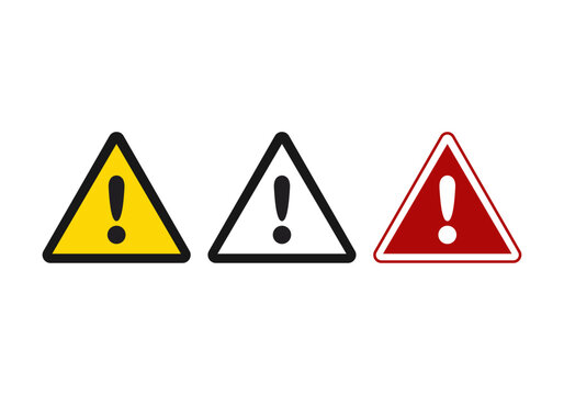 Tres iconos de se&ntilde;ales triangulares de advertencia con signos de exclamaci&oacute;n en colores amarillo blanco y rojo