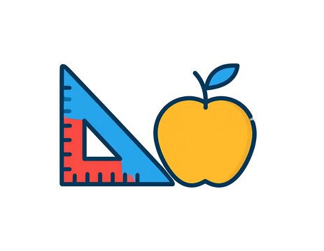 Education and Learning Icon - Set Square Ruler and Apple.