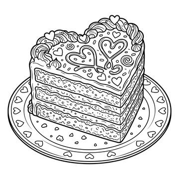 Heart shaped cake slice coloring page vector