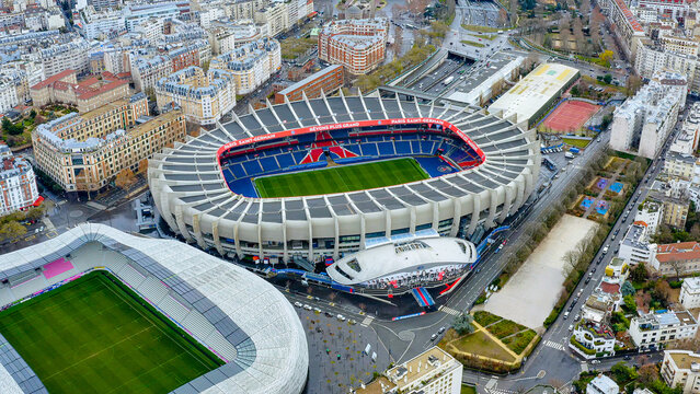 Aerial view of Parc des Princes stadium, home of Paris Saint-Germain, with Stade Jean-Bouin and surrounding city districts, Paris, France