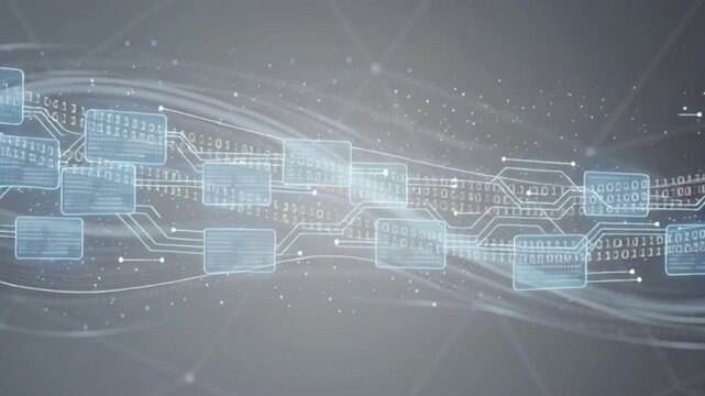 Digital binary code network flow animation moving across abstract screen background