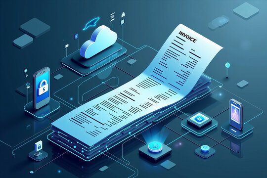 Artistic Representation of a Digital Landscape: A Stylized Cross-Section of an Invoice Navigating Interconnected Data Streams