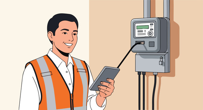 Technician checking meter with tablet, close up on device and connection