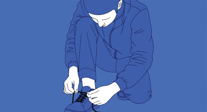 Person in blue clothing tying shoelaces on blue sneaker