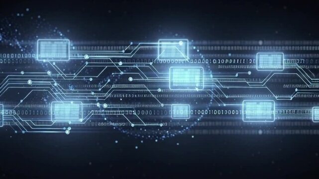 Blue digital circuit board lines connecting data nodes motion clip