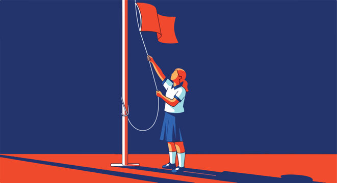 Person raises red flag on pole against dark blue sky