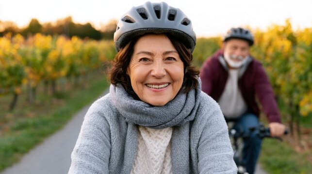 Senior woman cycling on a scenic path surrounded by vineyards, wearing a helmet and scarf, with a smiling man riding in the background during a sunny day