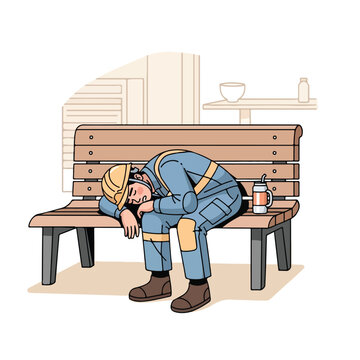 Construction worker sleeping on bench at lunch break, tired after work