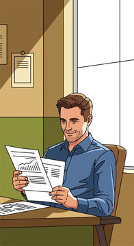 Smiling man reviews financial report at desk in an office