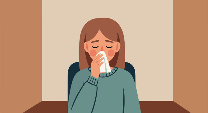 Person sitting at a desk, blowing nose with tissue
