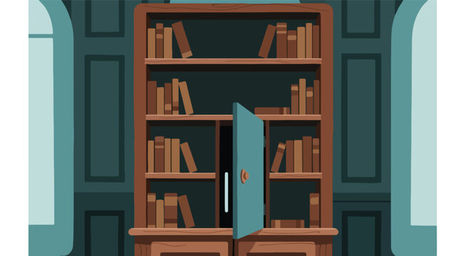 Open-door wooden bookshelf filled with antique books inside a room