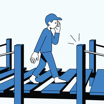 Person in blue suit walking on a wooden bridge, whispering to a post