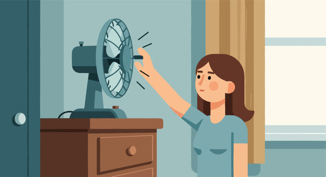 Person adjusting a standing fan on a dresser in a room