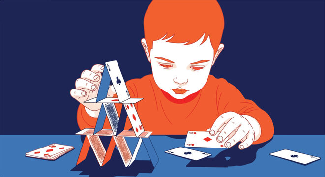 Young child carefully builds a house of cards on a table