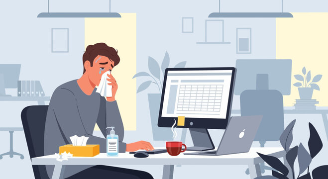 Sadness At Work Emotional Businessman With Computer At His Desk And Tissues To Cry