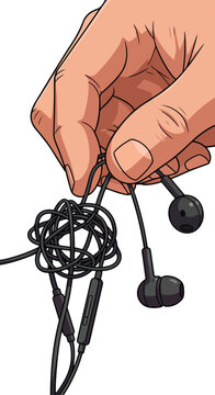 Hand holding tangled earbuds, a frustrating common problem