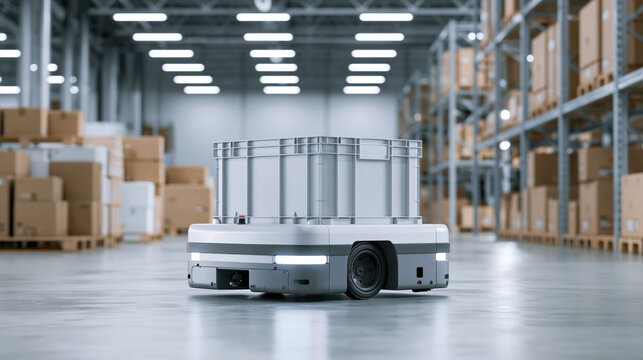 Autonomous mobile robot carrying storage bin in modern warehouse