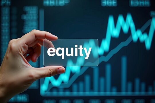 Close-up of a Hand Holding a Transparent Overlay with 'Equity' Against a Dramatically Ascending Financial Graph, Representing Hope and Progress