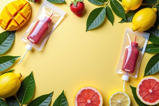 Design a Lively Flat Lay Showcasing a Colorful Array of Tropical Fruits, Including Mango, Lemon, and Strawberry, Artfully Arranged with IV Infusion Bags and Botanical Accents.