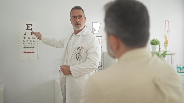Man optician in white coat points finger at snellen eye chart and holds trial frame in examination room of clinic building; reassurance trust.