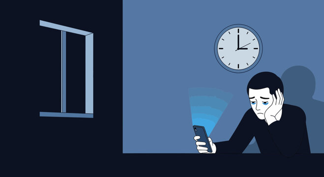 Sadness And Melancholy In The Gloom Time With Phone And The Inexorable Clock