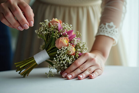 Intimate Moment: A Hand Releasing a Wilted Wedding Bouquet on a Table, Signifying the Conclusion of a Relationship.