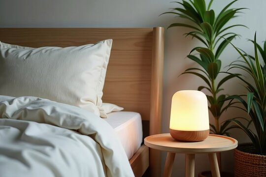 Create a Tranquil Nook in a Modern Minimalist Bedroom with a Softly Lit Diffuser, Airy Linen Bedding, and Lush Green Plants