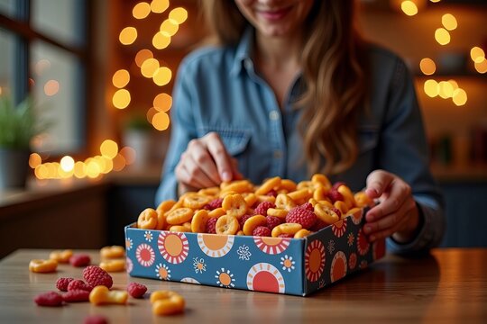 Document a Genuine Moment of a Small Business Owner Artfully Assembling Colorful Gourmet Snacks into an Elegant Box Against a Cozy Movie-Themed Backdrop