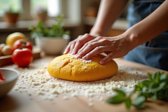 Embrace the Warmth: A Cozy Kitchen Scene of Hands Kneading Colorful Alternative Flour Dough Amidst Fresh Ingredients