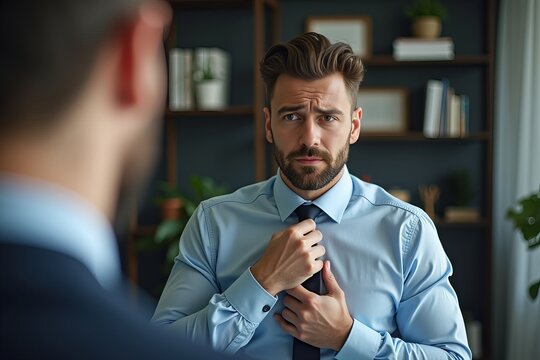 Executive's Tense Moment: Adjusting a Tie Before a Mirror in a Pristine Office