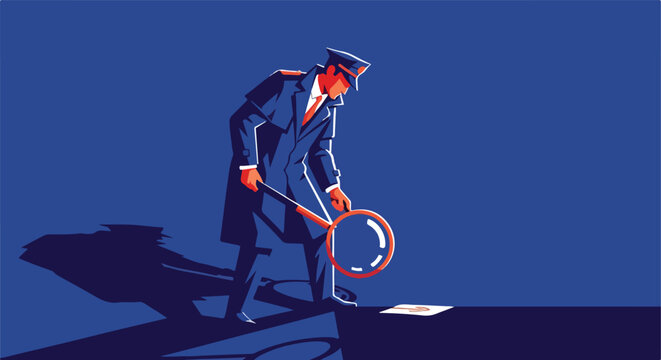 Detective examining evidence with magnifying glass in shadowy room
